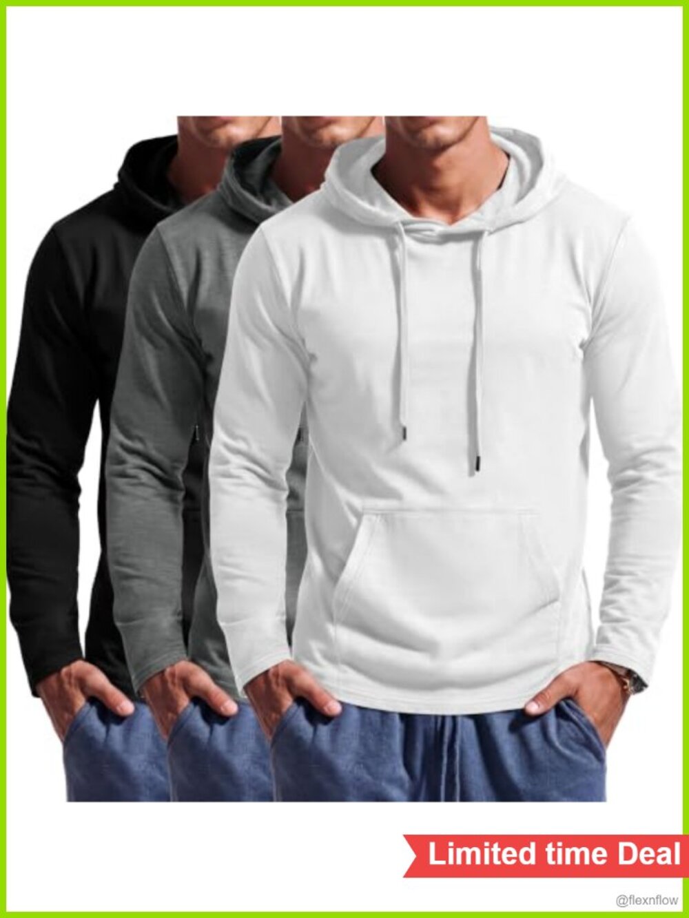 Men's 3 Pack Long Sleeve Pullover Hoodie Lightweight Athletic Sweatshirt